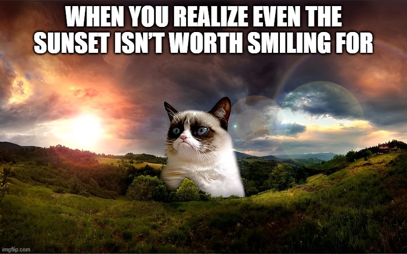 sunset | WHEN YOU REALIZE EVEN THE SUNSET ISN’T WORTH SMILING FOR | image tagged in memes | made w/ Imgflip meme maker