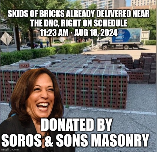 democrat convention | SKIDS OF BRICKS ALREADY DELIVERED NEAR THE DNC, RIGHT ON SCHEDULE
11:23 AM · AUG 18, 2024; DONATED BY SOROS & SONS MASONRY | image tagged in kamala harris | made w/ Imgflip meme maker