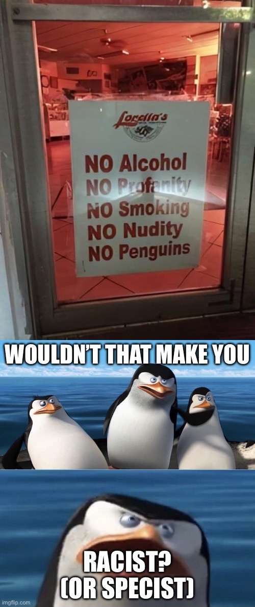 Racist | WOULDN’T THAT MAKE YOU; RACIST?
(OR SPECIST) | image tagged in wouldn't that make you,racist,racism,no racism,passive aggressive racism,penguins | made w/ Imgflip meme maker