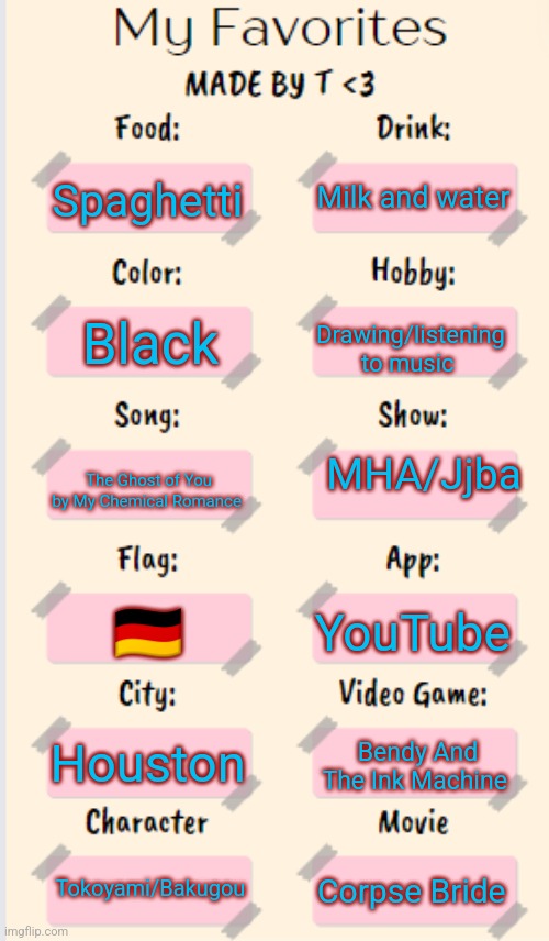 My Favorites made by T | Milk and water; Spaghetti; Black; Drawing/listening to music; MHA/Jjba; The Ghost of You by My Chemical Romance; 🇩🇪; YouTube; Houston; Bendy And The Ink Machine; Tokoyami/Bakugou; Corpse Bride | image tagged in my favorites made by t | made w/ Imgflip meme maker