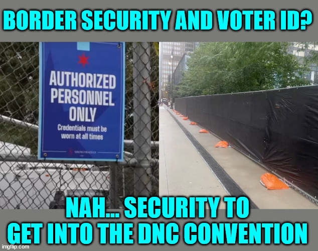 Protect the country?  Nope...  Protection for democrats | BORDER SECURITY AND VOTER ID? NAH... SECURITY TO GET INTO THE DNC CONVENTION | image tagged in democrats,suck,hate america | made w/ Imgflip meme maker