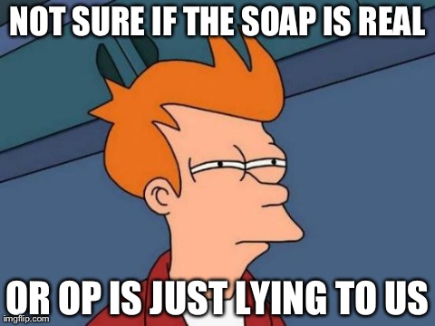 Futurama Fry | NOT SURE IF THE SOAP IS REAL OR OP IS JUST LYING TO US | image tagged in memes,futurama fry,AdviceAnimals | made w/ Imgflip meme maker