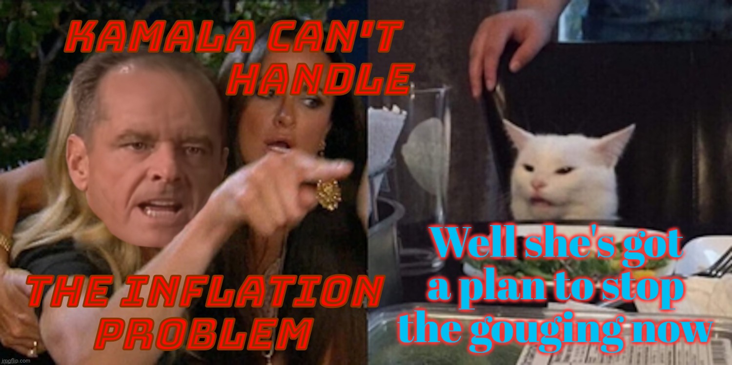 Kamala Harris plans to target price gouging in order to curb inflation | KAMALA CAN'T
                  HANDLE; THE INFLATION
PROBLEM; Well she's got
a plan to stop
the gouging now | image tagged in you can't handle the cat,woman yelling at cat,you can't handle the truth,inflation,price gouging,kamala harris | made w/ Imgflip meme maker