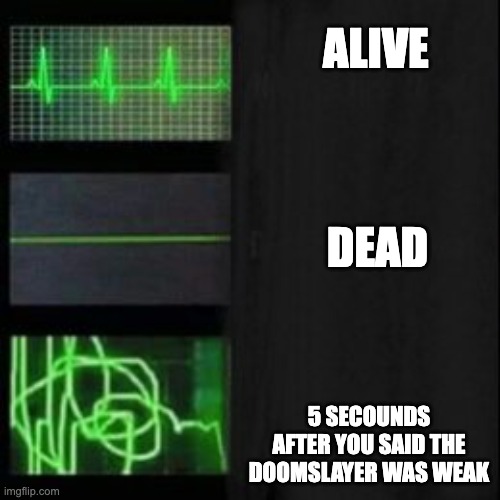 Leave it blank, please | ALIVE; DEAD; 5 SECOUNDS AFTER YOU SAID THE DOOMSLAYER WAS WEAK | image tagged in leave it blank please | made w/ Imgflip meme maker