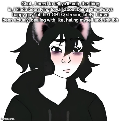 Catgirl wojak | Chat , I need to tell ya'll smh, the thing is, i kinda been lying to yall about being "the always happy guy" of the LGBTQ stream, lately  I have been actualyl dealing with like, hating myself and shit tbh | image tagged in catgirl wojak | made w/ Imgflip meme maker