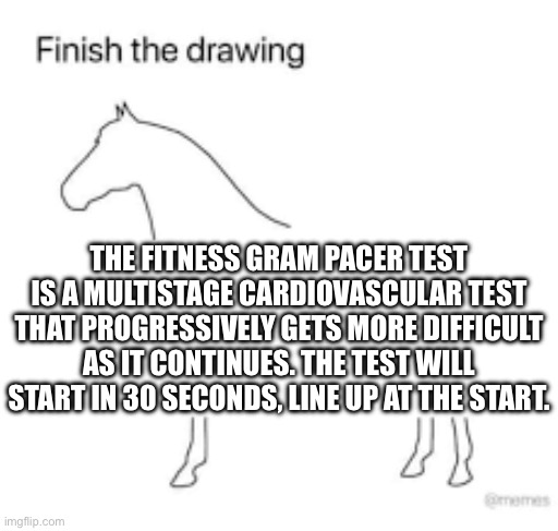 Finish the drawing | THE FITNESS GRAM PACER TEST IS A MULTISTAGE CARDIOVASCULAR TEST THAT PROGRESSIVELY GETS MORE DIFFICULT AS IT CONTINUES. THE TEST WILL START IN 30 SECONDS, LINE UP AT THE START. | image tagged in finish the drawing | made w/ Imgflip meme maker
