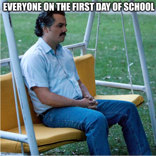 Sad Pablo alone on swing - square | EVERYONE ON THE FIRST DAY OF SCHOOL | image tagged in sad pablo alone on swing - square | made w/ Imgflip meme maker