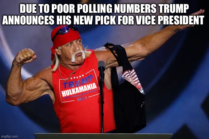 Recent polls… | DUE TO POOR POLLING NUMBERS TRUMP ANNOUNCES HIS NEW PICK FOR VICE PRESIDENT; HULKAMANIA | image tagged in politics,hulk hogan,donald trump | made w/ Imgflip meme maker