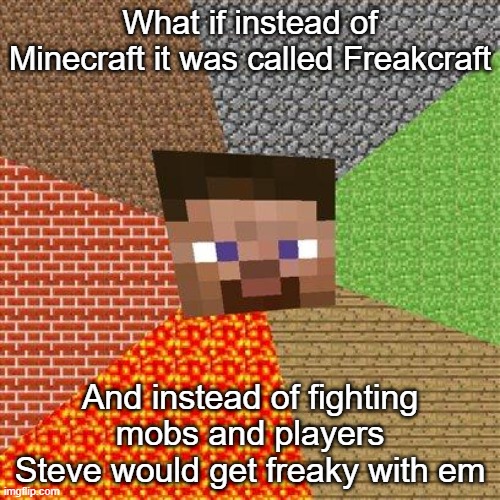 help | What if instead of Minecraft it was called Freakcraft; And instead of fighting mobs and players Steve would get freaky with em | image tagged in minecraft steve,freaky,minecraft,memes,shitpost,dank memes | made w/ Imgflip meme maker