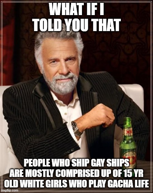 Based Stereotype | WHAT IF I TOLD YOU THAT; PEOPLE WHO SHIP GAY SHIPS ARE MOSTLY COMPRISED UP OF 15 YR OLD WHITE GIRLS WHO PLAY GACHA LIFE | image tagged in memes,the most interesting man in the world | made w/ Imgflip meme maker