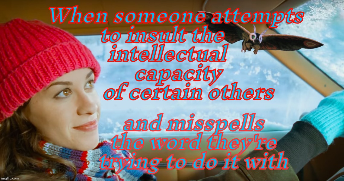 When someone attempts
to insult the     
intellectual   
         capacity        
     of certain others; and misspells the word they're trying to do it with | made w/ Imgflip meme maker