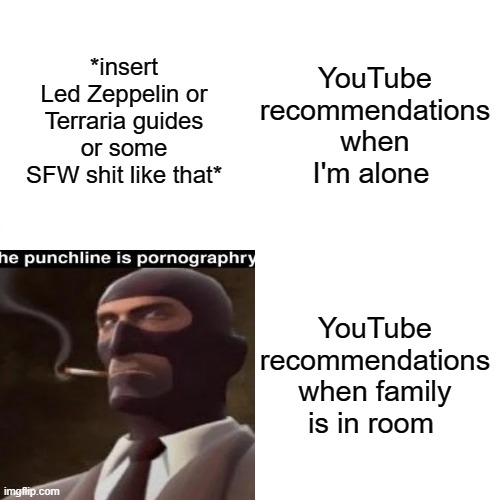 Drake Hotline Bling Meme | YouTube recommendations when I'm alone; *insert Led Zeppelin or Terraria guides or some SFW shit like that*; YouTube recommendations when family is in room | image tagged in memes,drake hotline bling | made w/ Imgflip meme maker