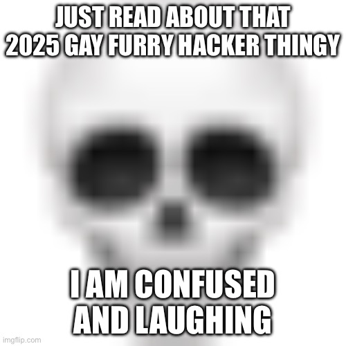 Please explain tf happened, but I can’t reply | JUST READ ABOUT THAT 2025 GAY FURRY HACKER THINGY; I AM CONFUSED AND LAUGHING | image tagged in skull emoji | made w/ Imgflip meme maker