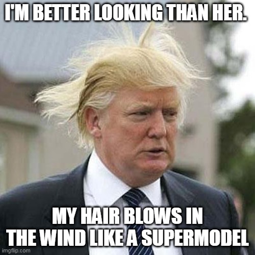 I'm better looking than her | I'M BETTER LOOKING THAN HER. MY HAIR BLOWS IN THE WIND LIKE A SUPERMODEL | image tagged in donald trump | made w/ Imgflip meme maker