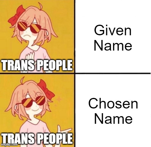 Chosen Names > Given Names | Given Name; TRANS PEOPLE; Chosen Name; TRANS PEOPLE | image tagged in no yes girl | made w/ Imgflip meme maker