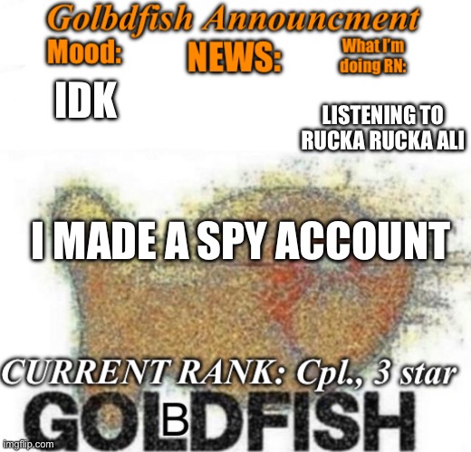 (Freaky: Aight, show us) | LISTENING TO RUCKA RUCKA ALI; IDK; I MADE A SPY ACCOUNT | image tagged in golbdfish announcment | made w/ Imgflip meme maker