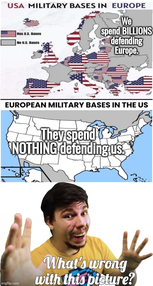 We spend billions defending Europe | We spend BILLIONS defending Europe. They spend NOTHING defending us. What's wrong with this picture? | image tagged in mrbeast | made w/ Imgflip meme maker