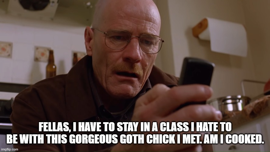 Walter White on his Phone | FELLAS, I HAVE TO STAY IN A CLASS I HATE TO BE WITH THIS GORGEOUS GOTH CHICK I MET. AM I COOKED. | made w/ Imgflip meme maker