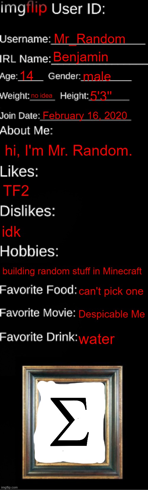 my icon is supposed to be based on the letter sigma | Mr_Random; Benjamin; 14; male; no idea; 5'3''; February 16, 2020; hi, I'm Mr. Random. TF2; idk; building random stuff in Minecraft; can't pick one; Despicable Me; water | image tagged in imgflip id card | made w/ Imgflip meme maker