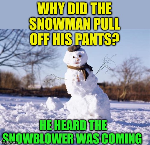 Snowman classic | WHY DID THE SNOWMAN PULL OFF HIS PANTS? HE HEARD THE SNOWBLOWER WAS COMING | image tagged in gifs,snowman,dirty joke,old jokes | made w/ Imgflip meme maker