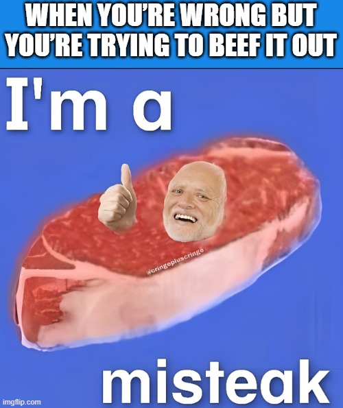 beef it out | WHEN YOU’RE WRONG BUT YOU’RE TRYING TO BEEF IT OUT | image tagged in memes | made w/ Imgflip meme maker