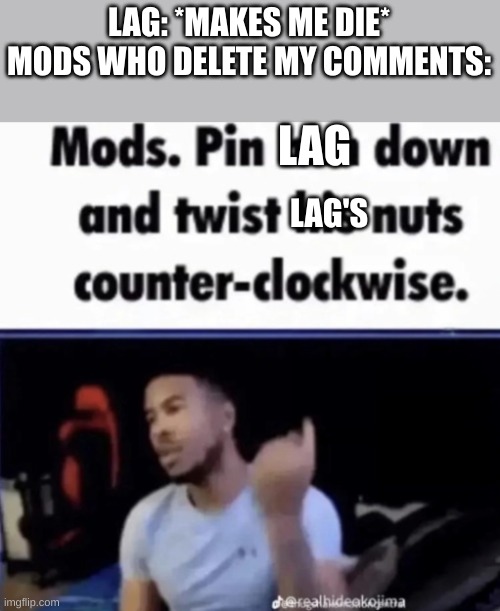 I hate lag | LAG: *MAKES ME DIE*
MODS WHO DELETE MY COMMENTS:; LAG; LAG'S | image tagged in mods pin him down and twist his nuts counter-clockwise,lag,video games,memes | made w/ Imgflip meme maker