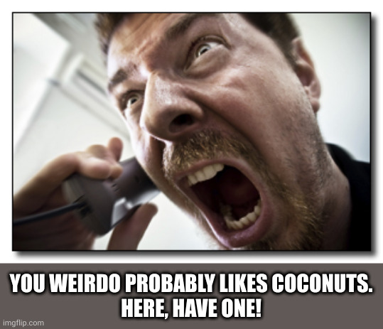 Shouter Meme | YOU WEIRDO PROBABLY LIKES COCONUTS.
HERE, HAVE ONE! | image tagged in memes,shouter | made w/ Imgflip meme maker