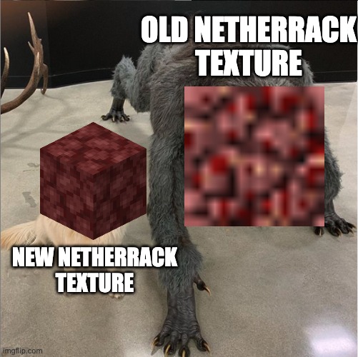 random title | OLD NETHERRACK TEXTURE; NEW NETHERRACK TEXTURE | image tagged in dog vs werewolf | made w/ Imgflip meme maker