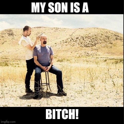 Walter White talking to his hairdresser | MY SON IS A; BITCH! | image tagged in breaking bad,walter white,jesse pinkman | made w/ Imgflip meme maker