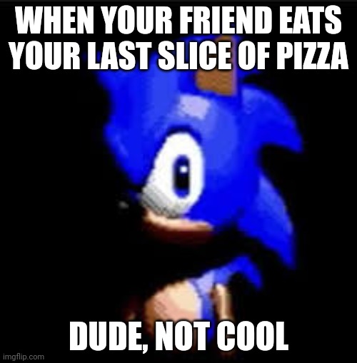 Pizza, pasta, put it in a box | WHEN YOUR FRIEND EATS YOUR LAST SLICE OF PIZZA; DUDE, NOT COOL | image tagged in sonic the hedgehog | made w/ Imgflip meme maker