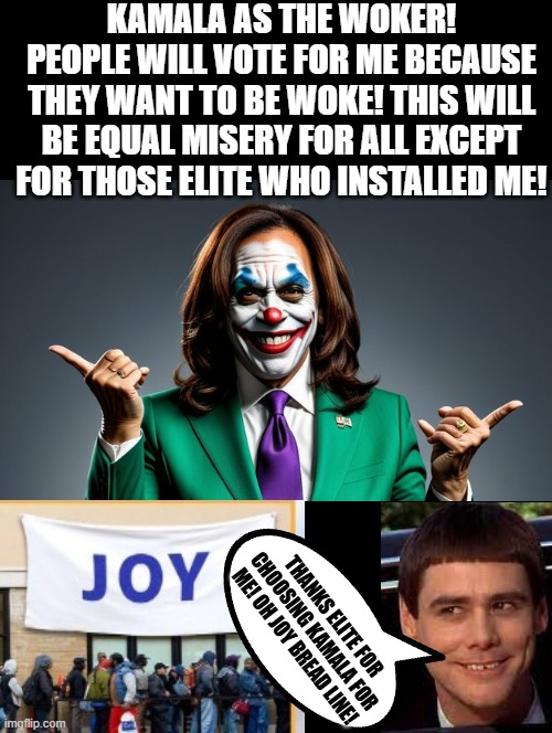 Kamala as the Woker!! | KAMALA AS THE WOKER! PEOPLE WILL VOTE FOR ME BECAUSE THEY WANT TO BE WOKE! THIS WILL BE EQUAL MISERY FOR ALL EXCEPT FOR THOSE ELITE WHO INSTALLED ME! THANKS ELITE FOR CHOOSING KAMALA FOR ME! OH JOY BREAD LINE! | image tagged in woke,i'm the dumbest man alive,dumb and dumber | made w/ Imgflip meme maker