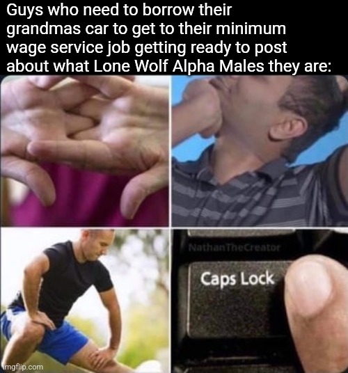 Stretching caps | Guys who need to borrow their grandmas car to get to their minimum wage service job getting ready to post about what Lone Wolf Alpha Males they are: | image tagged in stretching caps,funny memes | made w/ Imgflip meme maker