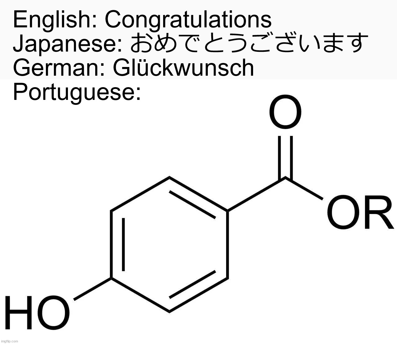 Parabens! | English: Congratulations
Japanese: おめでとうございます
German: Glückwunsch
Portuguese: | image tagged in languages,congratulations,organic chemistry,chemistry,portugal | made w/ Imgflip meme maker