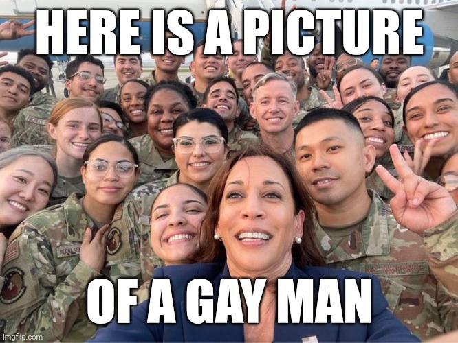 HERE IS A PICTURE; OF A GAY MAN | image tagged in kamala harris,diversity,military | made w/ Imgflip meme maker