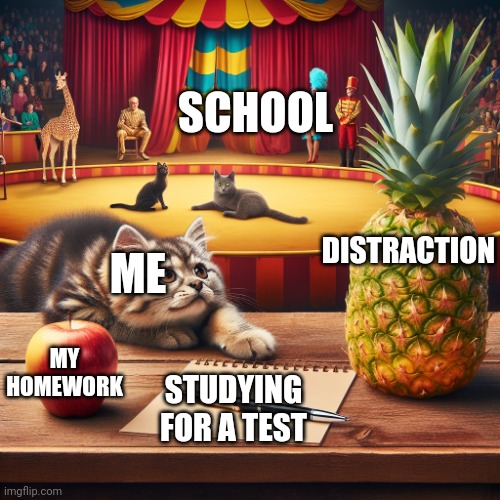 A dog with a pineapple sitting next to a gray cat with a pen on | SCHOOL; DISTRACTION; ME; MY HOMEWORK; STUDYING FOR A TEST | image tagged in a dog with a pineapple sitting next to a gray cat with a pen on,school,relatable | made w/ Imgflip meme maker