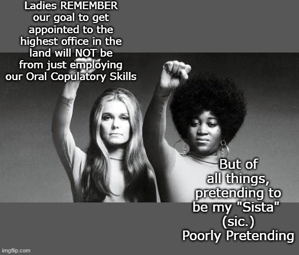 Gloria Steinem AND Doctor King can rest easy I guess | Ladies REMEMBER our goal to get appointed to the highest office in the land will NOT be from just employing our Oral Copulatory Skills; But of all things, pretending to be my "Sista" 
(sic.) Poorly Pretending | image tagged in gloria steinem kamala meme | made w/ Imgflip meme maker