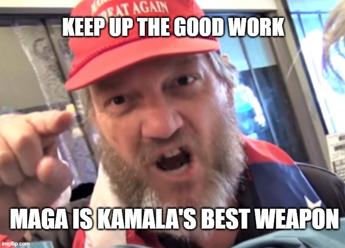 Keep Doing What You Do | KEEP UP THE GOOD WORK; MAGA IS KAMALA'S BEST WEAPON | image tagged in angry trumper maga white supremacist,trump,maga | made w/ Imgflip meme maker