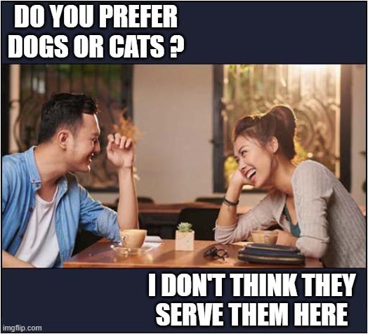 A Memorable First Date ! | DO YOU PREFER DOGS OR CATS ? I DON'T THINK THEY
SERVE THEM HERE | image tagged in first date,eating,cats and dogs,dark humour | made w/ Imgflip meme maker