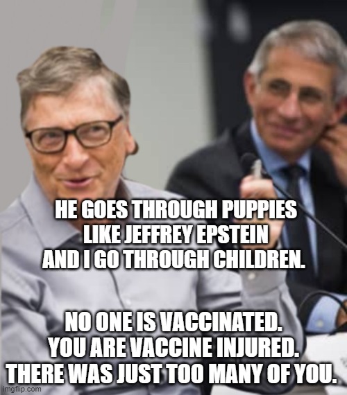 Bill Gates and Dr. Fauci | HE GOES THROUGH PUPPIES LIKE JEFFREY EPSTEIN AND I GO THROUGH CHILDREN. NO ONE IS VACCINATED. YOU ARE VACCINE INJURED. THERE WAS JUST TOO MANY OF YOU. | image tagged in bill gates and dr fauci | made w/ Imgflip meme maker