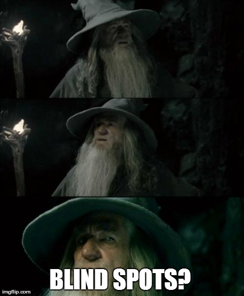 Confused Gandalf | BLIND SPOTS? | image tagged in memes,confused gandalf,AdviceAnimals | made w/ Imgflip meme maker