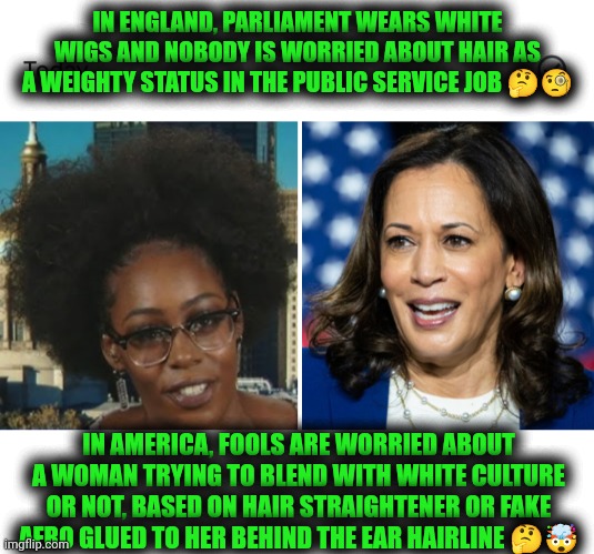 Funny | IN ENGLAND, PARLIAMENT WEARS WHITE WIGS AND NOBODY IS WORRIED ABOUT HAIR AS A WEIGHTY STATUS IN THE PUBLIC SERVICE JOB 🤔🧐; IN AMERICA, FOOLS ARE WORRIED ABOUT A WOMAN TRYING TO BLEND WITH WHITE CULTURE OR NOT, BASED ON HAIR STRAIGHTENER OR FAKE AFRO GLUED TO HER BEHIND THE EAR HAIRLINE 🤔🤯 | image tagged in funny,hair,race,duty,work,reason | made w/ Imgflip meme maker