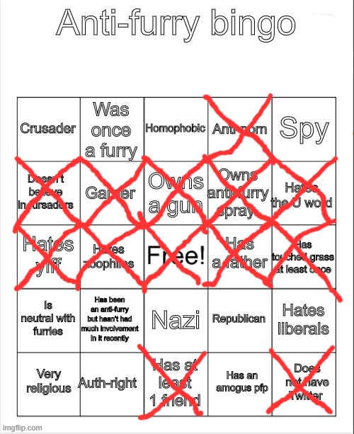 my anti furry bingo results | image tagged in anti-furry bingo | made w/ Imgflip meme maker