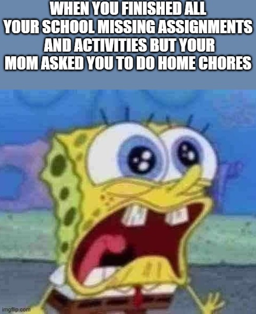 Can't even live a free time for a minute | WHEN YOU FINISHED ALL YOUR SCHOOL MISSING ASSIGNMENTS  AND ACTIVITIES BUT YOUR MOM ASKED YOU TO DO HOME CHORES | image tagged in memes,funny,relatable | made w/ Imgflip meme maker