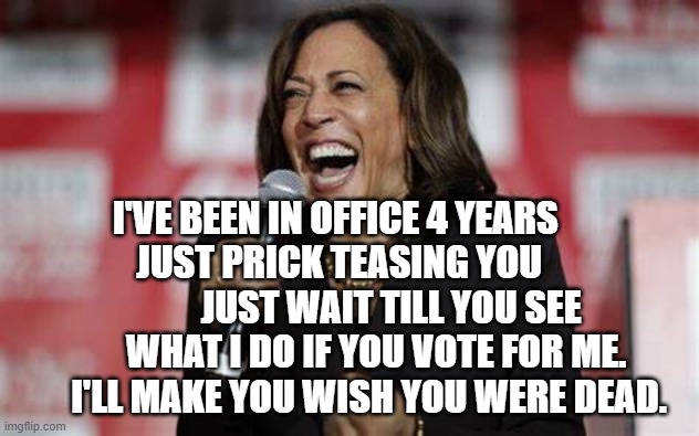 Kamala Harris | I'VE BEEN IN OFFICE 4 YEARS          JUST PRICK TEASING YOU                       JUST WAIT TILL YOU SEE           WHAT I DO IF YOU VOTE FOR ME.          I'LL MAKE YOU WISH YOU WERE DEAD. | image tagged in kamala harris | made w/ Imgflip meme maker