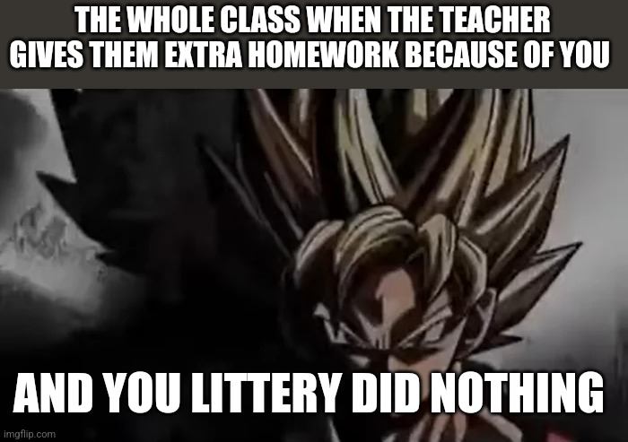 Goku Staring | THE WHOLE CLASS WHEN THE TEACHER GIVES THEM EXTRA HOMEWORK BECAUSE OF YOU; AND YOU LITTERY DID NOTHING | image tagged in goku staring | made w/ Imgflip meme maker