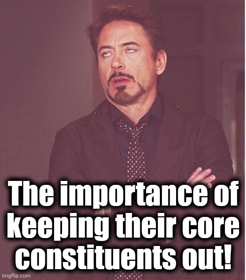 Face You Make Robert Downey Jr Meme | The importance of
keeping their core
constituents out! | image tagged in memes,face you make robert downey jr | made w/ Imgflip meme maker