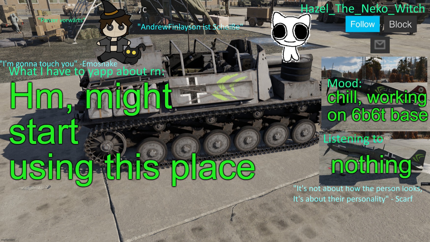 Neko War Thunder template(Thx Disco for drawing) | Hm, might start using this place; chill, working on 6b6t base; nothing | image tagged in neko war thunder template thx disco for drawing | made w/ Imgflip meme maker