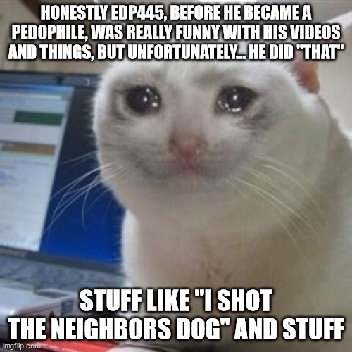 he was funny | HONESTLY EDP445, BEFORE HE BECAME A PEDOPHILE, WAS REALLY FUNNY WITH HIS VIDEOS AND THINGS, BUT UNFORTUNATELY... HE DID "THAT"; STUFF LIKE "I SHOT THE NEIGHBORS DOG" AND STUFF | image tagged in crying cat | made w/ Imgflip meme maker