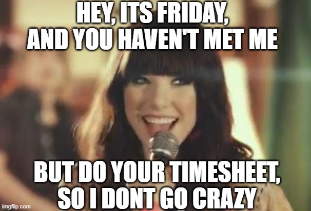 friday carly rae | HEY, ITS FRIDAY, AND YOU HAVEN'T MET ME; BUT DO YOUR TIMESHEET, SO I DONT GO CRAZY | image tagged in call me maybe | made w/ Imgflip meme maker