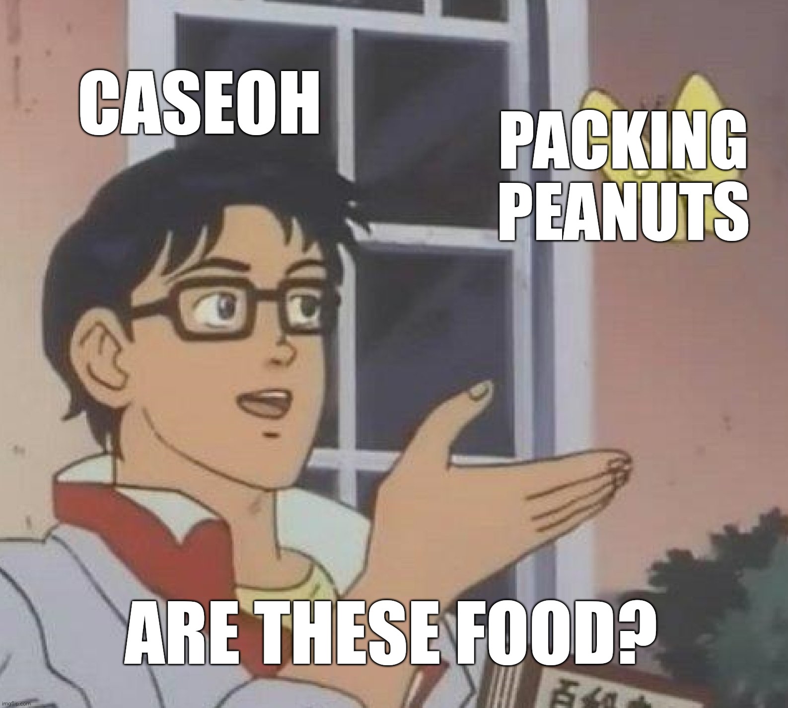 Is This A Pigeon | CASEOH; PACKING PEANUTS; ARE THESE FOOD? | image tagged in memes,is this a pigeon | made w/ Imgflip meme maker